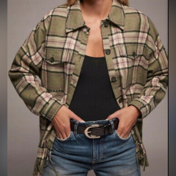 Zara Plaid Flannel Oversized Shacket with Fringe Hem and Studded Detailing - Picture 12 of 13